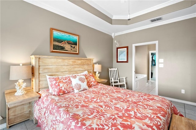 14106 Palo Seco Dr, Corpus Christi, TX 78418 - tiled bedroom featuring baseboards, ornamental molding, visible vents, and a raised ceiling