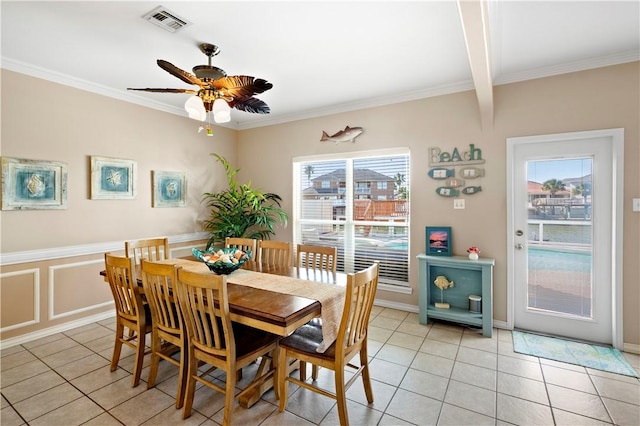 14106 Palo Seco Dr, Corpus Christi, TX 78418 - dining area with ceiling fan, crown molding, visible vents, and light tile patterned floors