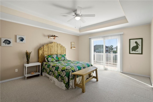 14106 Palo Seco Dr, Corpus Christi, TX 78418 - carpeted bedroom with a raised ceiling, a ceiling fan, baseboards, and ornamental molding