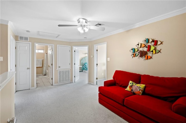 14106 Palo Seco Dr, Corpus Christi, TX 78418 - carpeted living area with attic access, crown molding, and visible vents