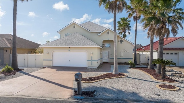 14106 Palo Seco Dr, Corpus Christi, TX 78418 - view of front facade featuring a gate, an attached garage, a shingled roof, and stucco siding
