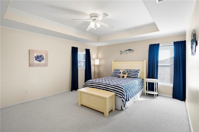 14106 Palo Seco Dr, Corpus Christi, TX 78418 - bedroom with baseboards, ornamental molding, a tray ceiling, and carpet