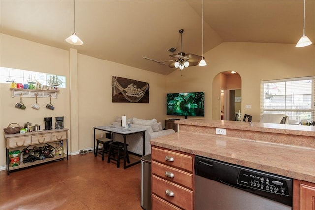 kitchen featuring arched walkways, brown cabinets, hanging light fixtures, stainless steel dishwasher, and open floor plan