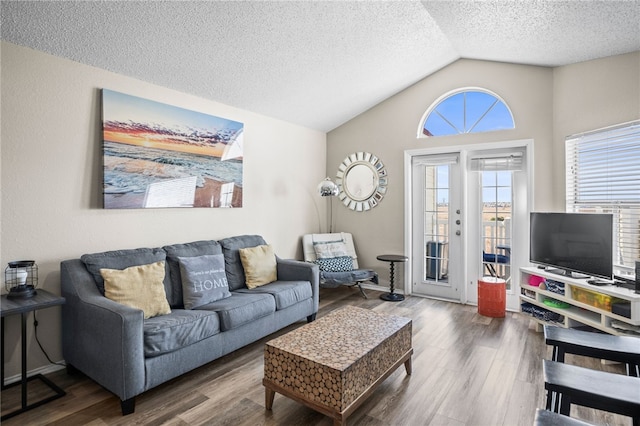 14721 Whitecap Blvd Unit 344, Corpus Christi, TX 78418 - living area with lofted ceiling, a textured ceiling, and wood finished floors