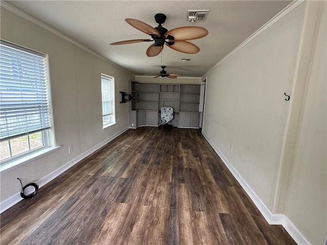 230 Lola Johnson, Corpus Christi, TX 78418 - unfurnished living room with ceiling fan, crown molding, baseboards, and wood finished floors