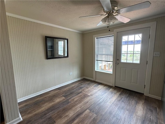 230 Lola Johnson, Corpus Christi, TX 78418 - doorway with crown molding, dark wood finished floors, ceiling fan, and a textured ceiling