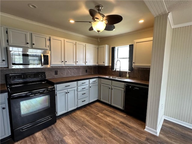 230 Lola Johnson, Corpus Christi, TX 78418 - kitchen with a sink, dark countertops, black appliances, tasteful backsplash, and ornamental molding