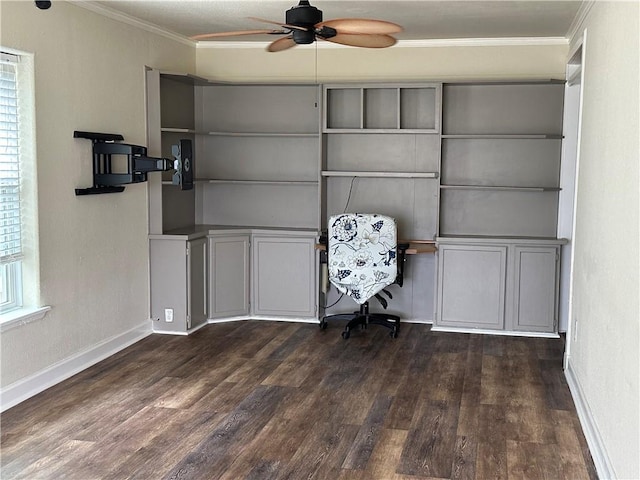 230 Lola Johnson, Corpus Christi, TX 78418 - unfurnished office with crown molding, baseboards, dark wood-style flooring, and a ceiling fan