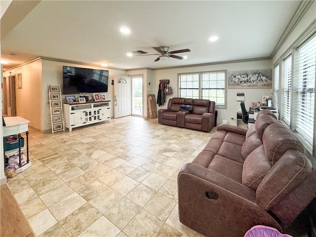 4625 Harney Rd, Corpus Christi, TX 78410 - living area with ornamental molding, a ceiling fan, and recessed lighting