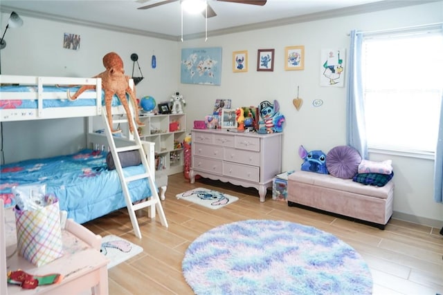4625 Harney Rd, Corpus Christi, TX 78410 - bedroom featuring crown molding, wood finished floors, and ceiling fan