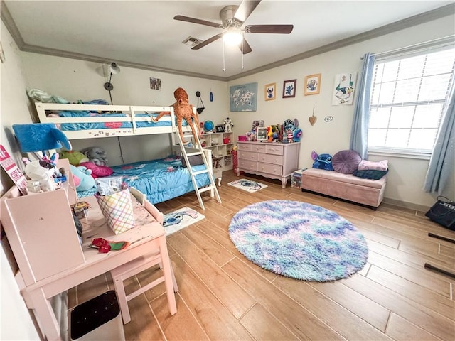 4625 Harney Rd, Corpus Christi, TX 78410 - bedroom with crown molding, wood finished floors, and ceiling fan