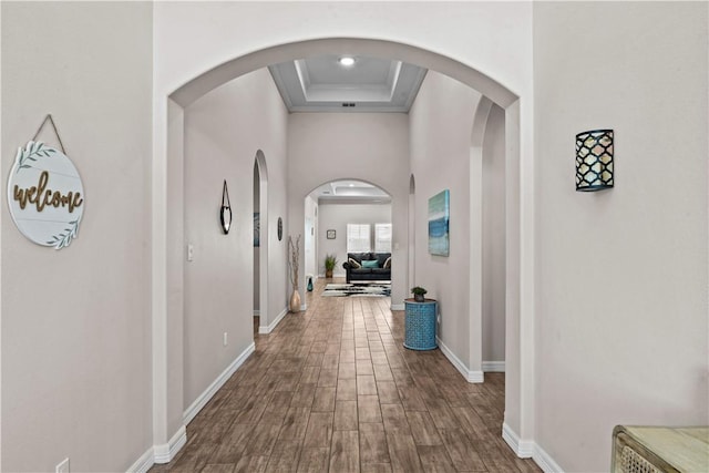 4133 Midlands St, Corpus Christi, TX 78414 - hallway featuring a raised ceiling, dark wood-style flooring, and ornamental molding