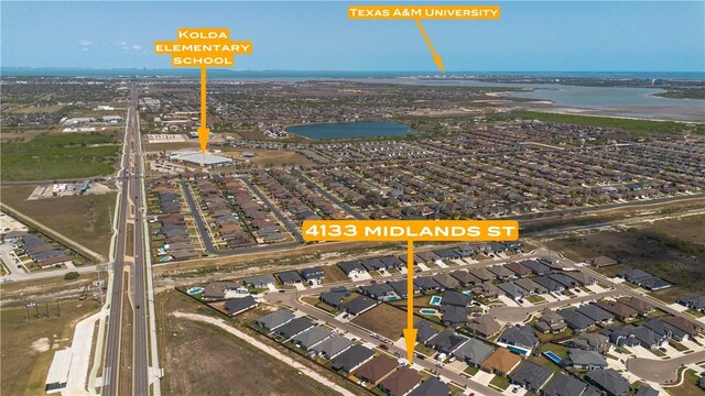 4133 Midlands St, Corpus Christi, TX 78414 - aerial overview of property's location featuring nearby suburban area and a nearby body of water