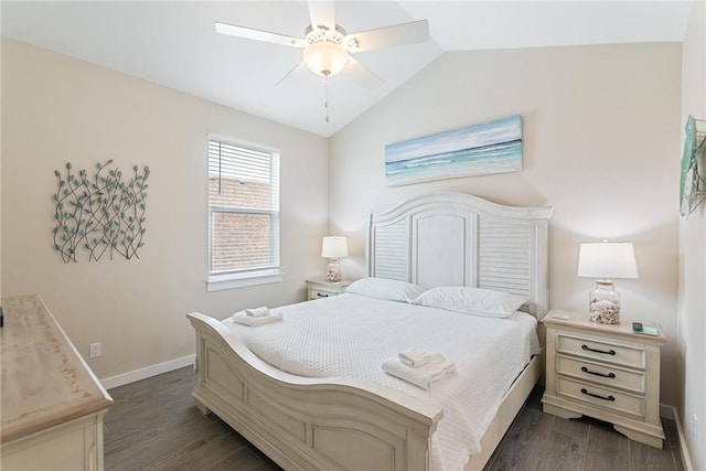 bedroom featuring lofted ceiling, dark wood-type flooring, and ceiling fan