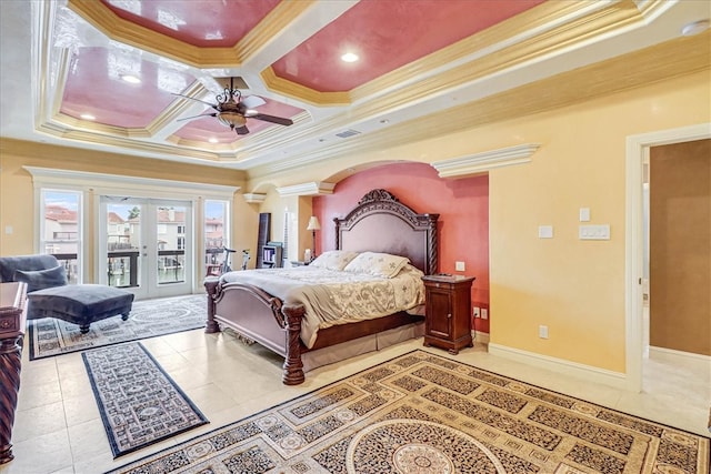 tiled bedroom with french doors, crown molding, access to exterior, coffered ceiling, and ceiling fan