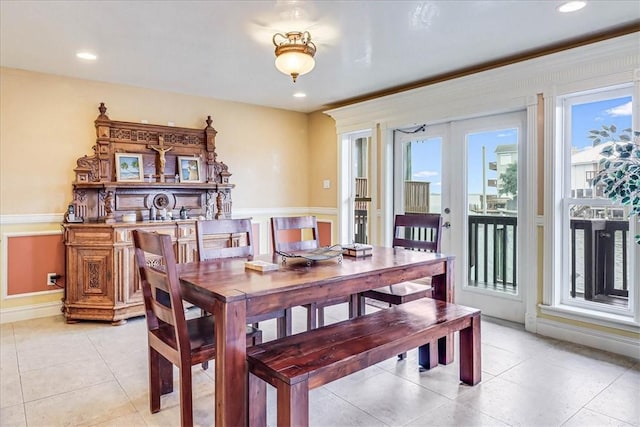 13514 King Phillip Ct, Corpus Christi, TX 78418 - dining space featuring light tile patterned floors, french doors, baseboards, and recessed lighting