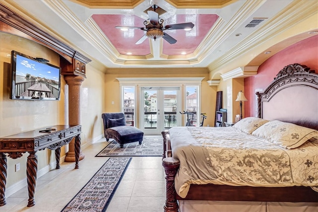 tiled bedroom featuring ornamental molding, access to outside, ceiling fan, and french doors