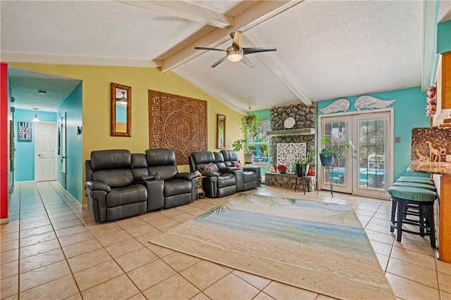 15718 Escapade St, Corpus Christi, TX 78418 - living area featuring a textured ceiling, light tile patterned flooring, and a ceiling fan
