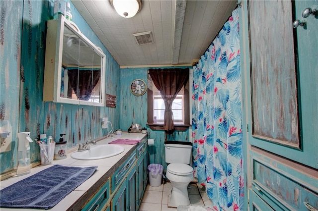 1162 N Sh 95, Bastrop, TX 78602 - bathroom featuring vanity, toilet, tile patterned flooring, and wooden ceiling