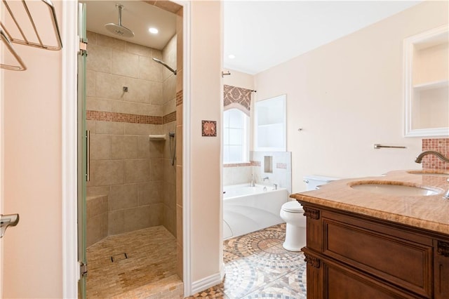 full bath with vanity, a shower stall, toilet, and a bath