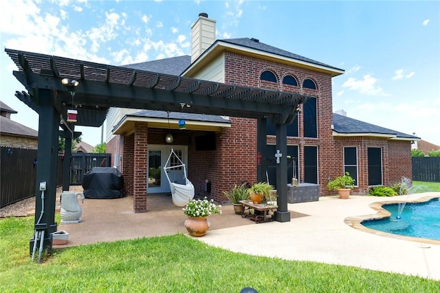 5710 Neustadt Dr, Corpus Christi, TX 78414 - rear view of house featuring brick siding, a pergola, a chimney, a patio, and a shingled roof