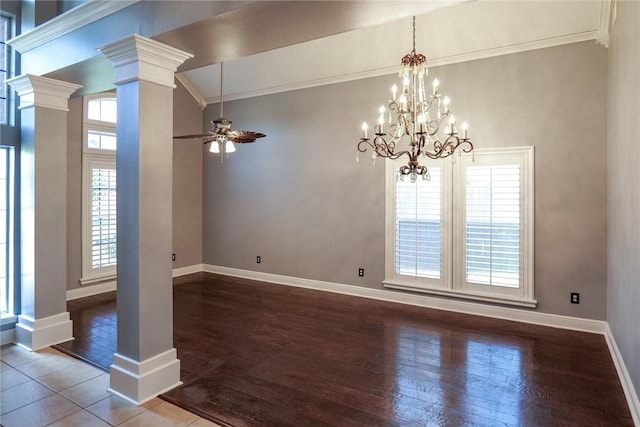 5710 Neustadt Dr, Corpus Christi, TX 78414 - unfurnished dining area with hardwood / wood-style floors, ornate columns, baseboards, ceiling fan, and crown molding