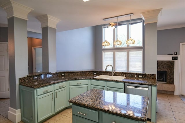 5710 Neustadt Dr, Corpus Christi, TX 78414 - kitchen with green cabinets, a sink, stainless steel dishwasher, ornamental molding, and light tile patterned floors