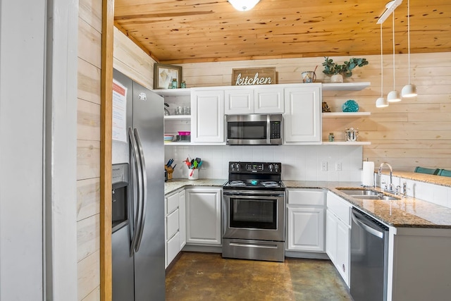 kitchen featuring white cabinetry, appliances with stainless steel finishes, hanging light fixtures, sink, and wooden ceiling