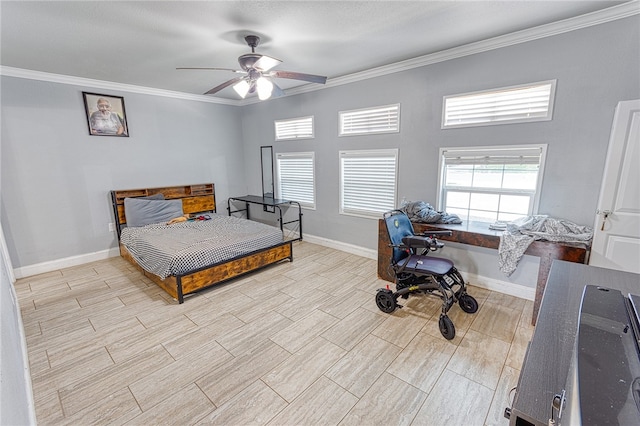 bedroom with ceiling fan and crown molding