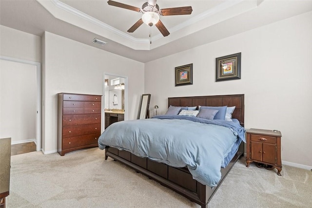 1035 Santa Catalina St, Portland, TX 78374 - bedroom featuring a tray ceiling, light colored carpet, crown molding, baseboards, and ensuite bath