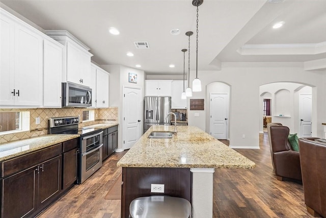 1035 Santa Catalina St, Portland, TX 78374 - kitchen with stainless steel appliances, arched walkways, a sink, decorative backsplash, and a tray ceiling
