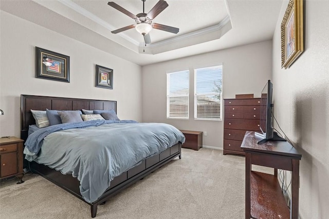 1035 Santa Catalina St, Portland, TX 78374 - bedroom with crown molding, a raised ceiling, light carpet, a ceiling fan, and baseboards