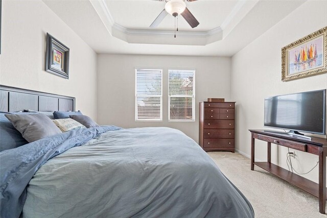 1035 Santa Catalina St, Portland, TX 78374 - bedroom with ornamental molding, carpet, a tray ceiling, and a ceiling fan