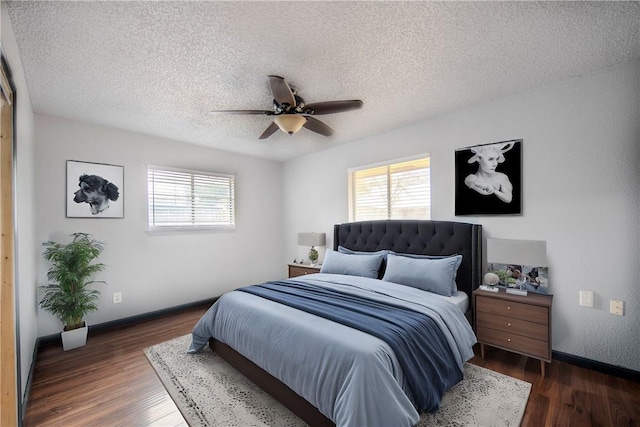 bedroom with dark hardwood / wood-style floors, multiple windows, and a textured ceiling