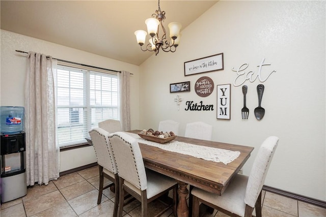 dining area featuring lofted ceiling, light tile patterned floors, plenty of natural light, and a chandelier