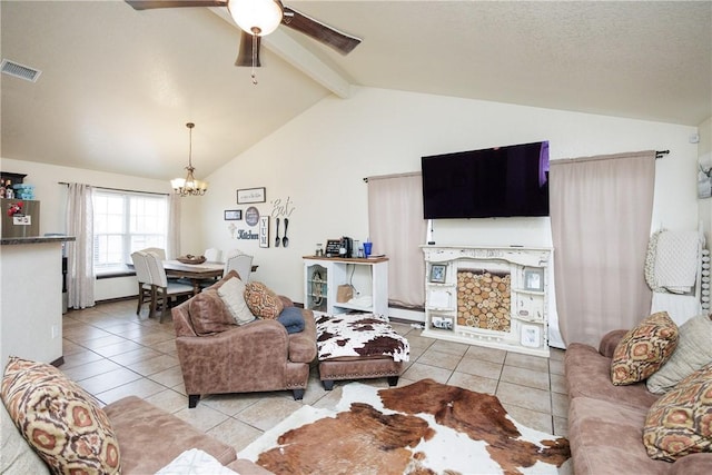 tiled living room with beam ceiling, ceiling fan with notable chandelier, and high vaulted ceiling