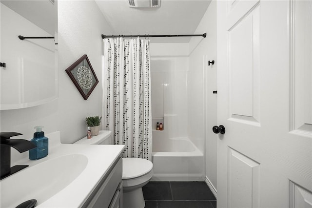 bathroom with tile patterned flooring, visible vents, vanity, shower / bath combination with curtain, and toilet