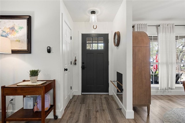 entrance foyer with baseboards and wood finished floors