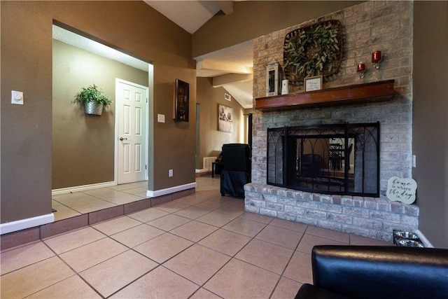 tiled living room featuring a fireplace and lofted ceiling with beams