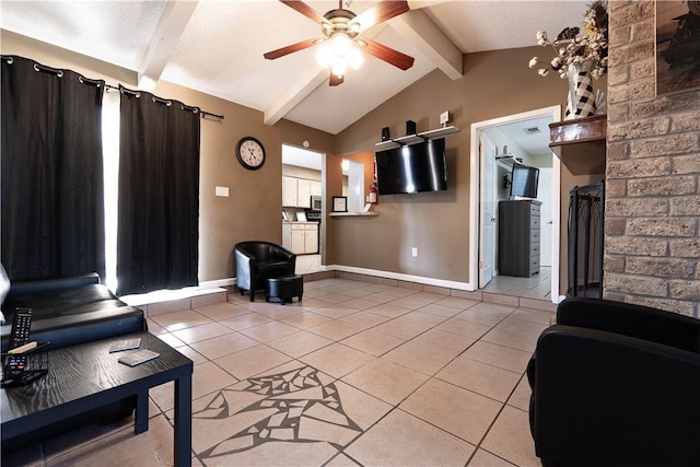 tiled living room with ceiling fan and vaulted ceiling with beams