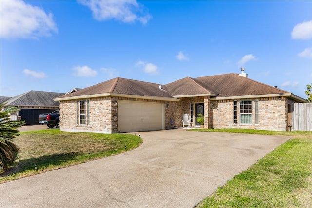 ranch-style house featuring a garage, a front yard, brick siding, and driveway