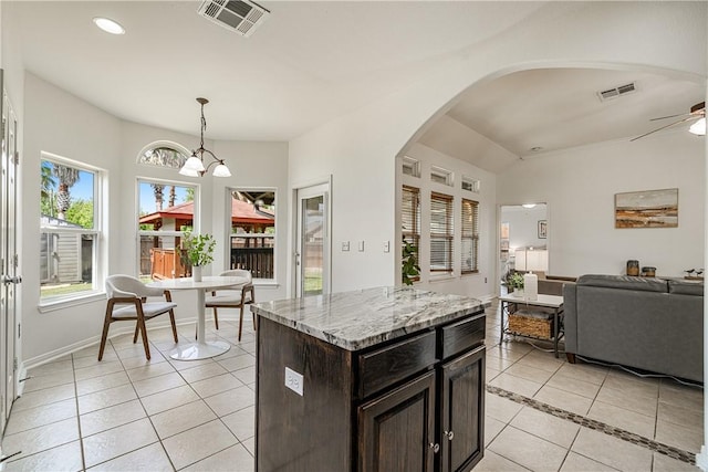 5921 Tapestry Dr, Corpus Christi, TX 78414 - kitchen featuring light tile patterned floors, open floor plan, recessed lighting, decorative light fixtures, and ceiling fan