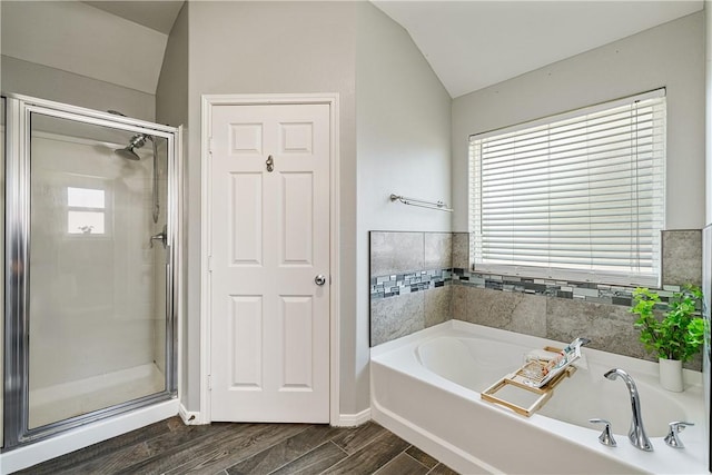 5921 Tapestry Dr, Corpus Christi, TX 78414 - full bath featuring lofted ceiling, a shower stall, a bath, and wood finished floors