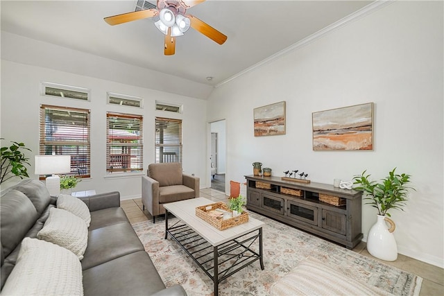 5921 Tapestry Dr, Corpus Christi, TX 78414 - living area featuring ornamental molding, a ceiling fan, baseboards, and light tile patterned floors