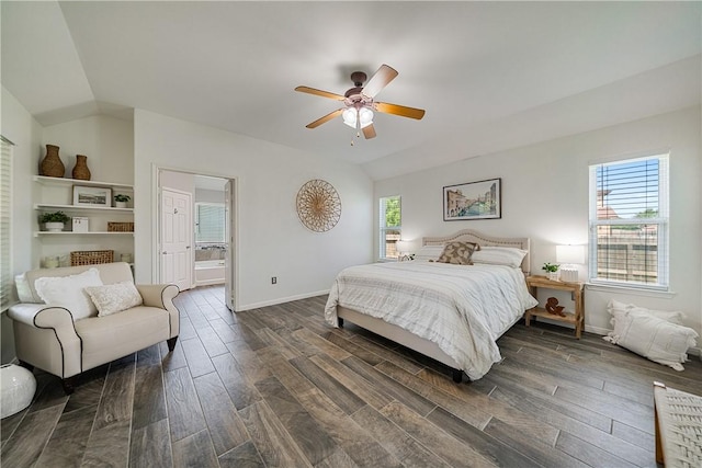 5921 Tapestry Dr, Corpus Christi, TX 78414 - bedroom featuring dark wood finished floors, baseboards, a ceiling fan, ensuite bath, and lofted ceiling