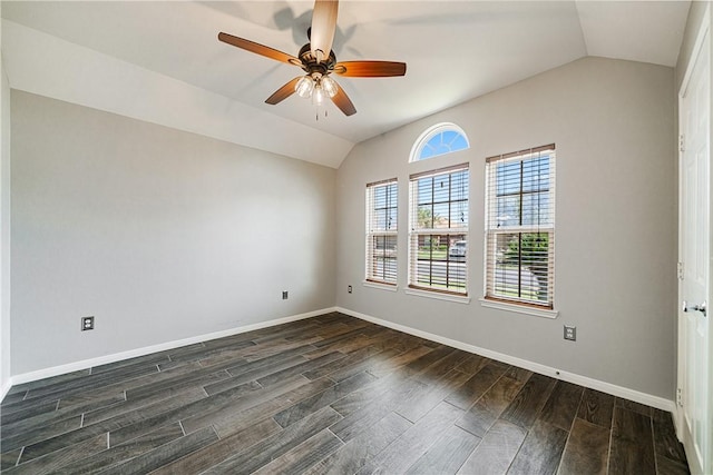 5921 Tapestry Dr, Corpus Christi, TX 78414 - unfurnished room featuring vaulted ceiling, dark wood-style floors, ceiling fan, and baseboards