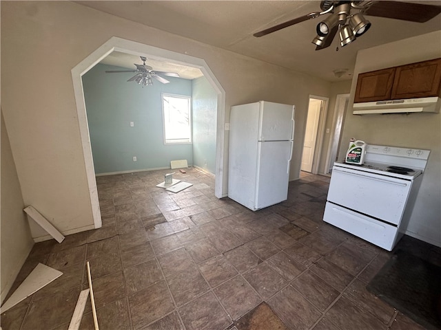 kitchen with white appliances and ceiling fan