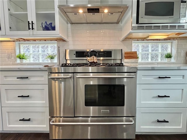 kitchen featuring decorative backsplash, white cabinetry, stainless steel appliances, and exhaust hood