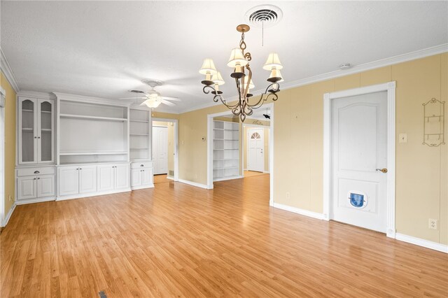 4410 Marie St, Corpus Christi, TX 78411 - empty room featuring baseboards, crown molding, a chandelier, light wood finished floors, and ceiling fan