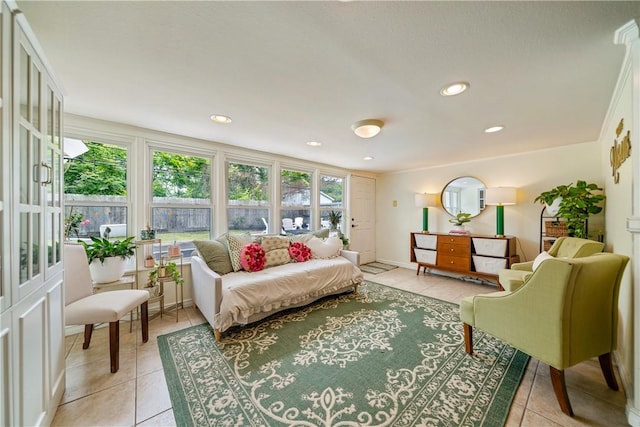 living room with light tile patterned floors and recessed lighting